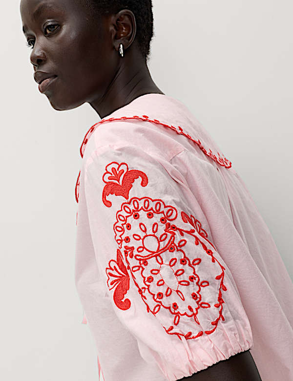 Pure Cotton Embroidered Collared Blouse