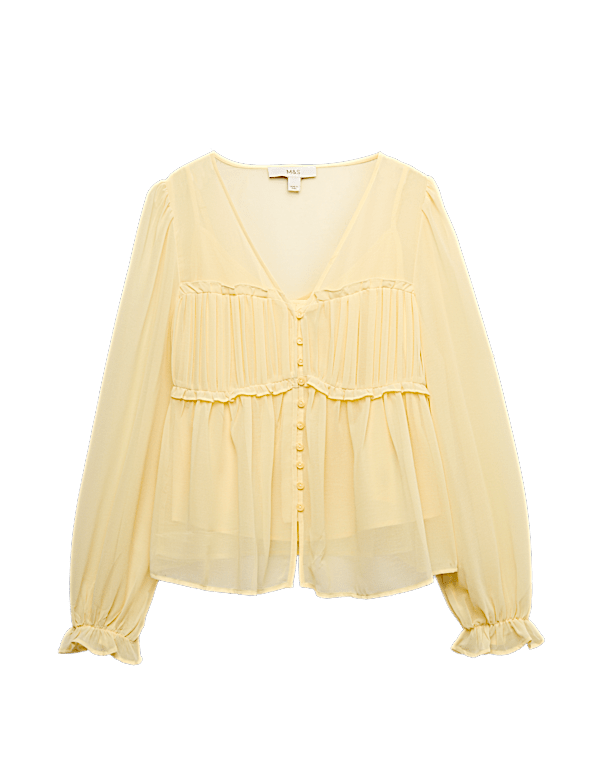 V-Neck Ruffle Detail Long Sleeve Blouse