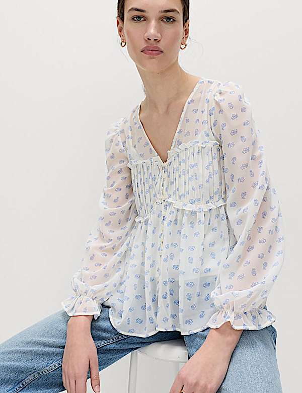 V-Neck Ruffle Detail Long Sleeve Blouse