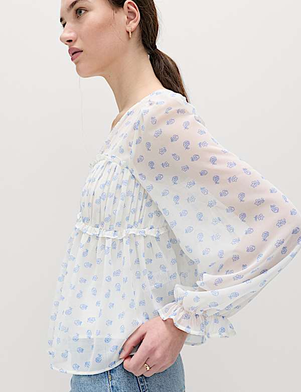 V-Neck Ruffle Detail Long Sleeve Blouse