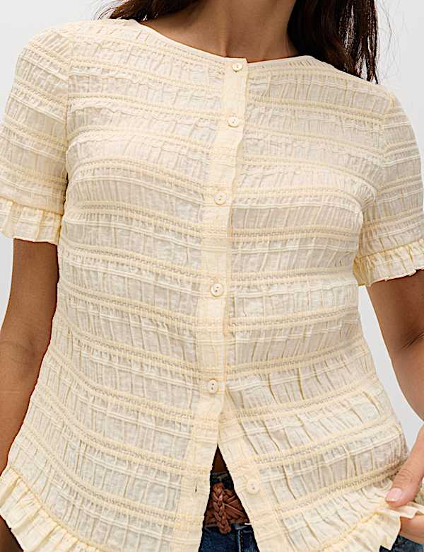 Collarless Shirred Button Through Top - FI