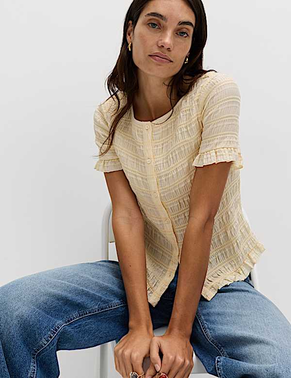 Collarless Shirred Button Through Top - FI