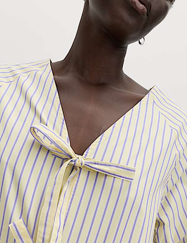 Pure Cotton Striped Tie Front Blouse - RS