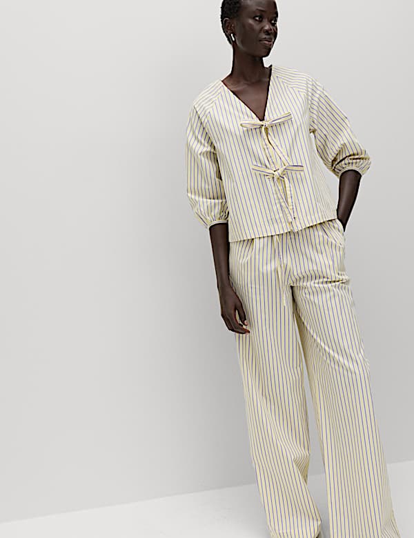 Pure Cotton Striped Tie Front Blouse - RS