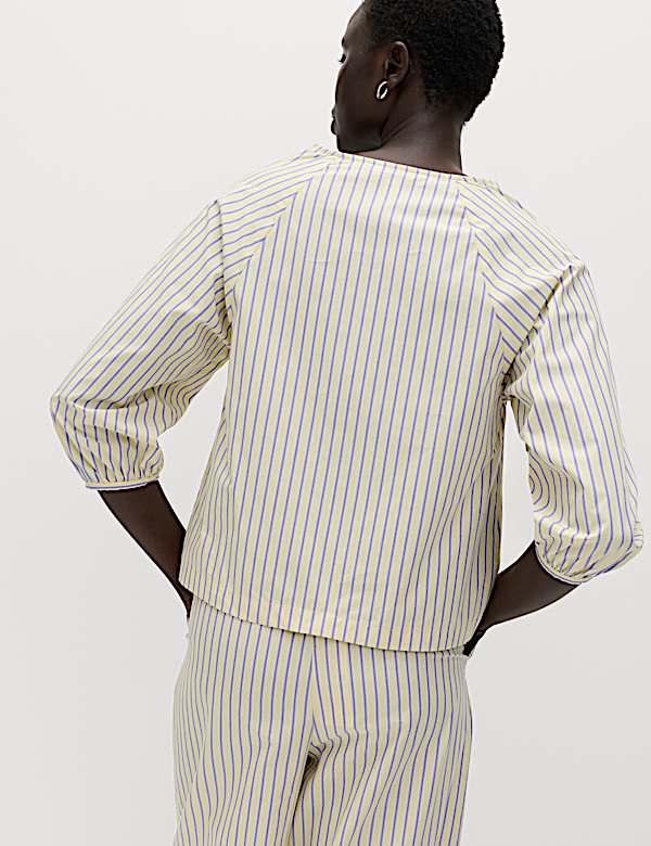 Pure Cotton Striped Tie Front Blouse - RS