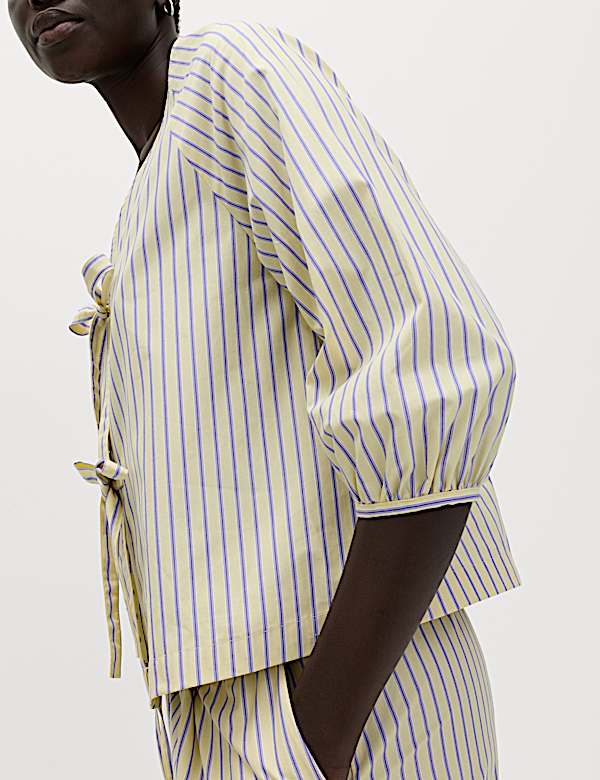 Pure Cotton Striped Tie Front Blouse - RS