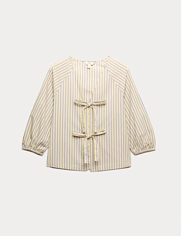Pure Cotton Striped Tie Front Blouse - RS