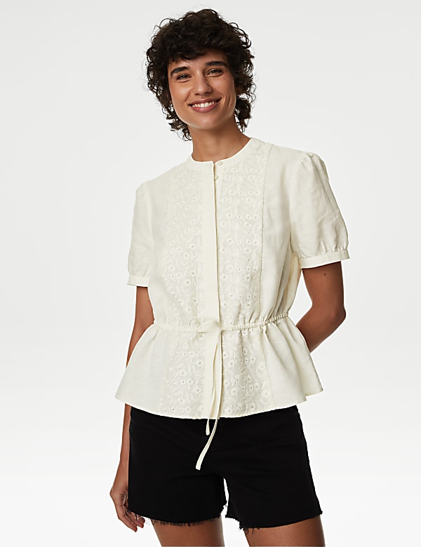 Linen Rich Embroidered High Neck Blouse