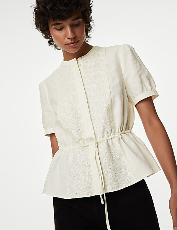 Linen Rich Embroidered High Neck Blouse