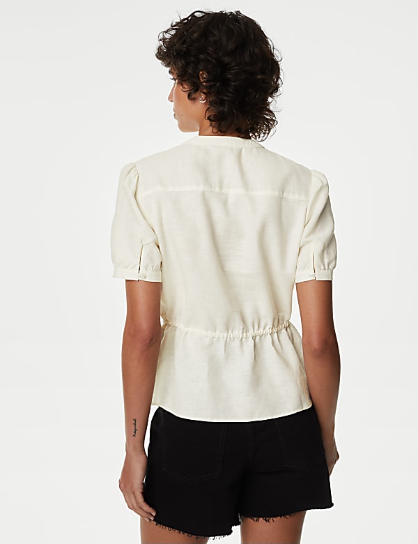 Linen Rich Embroidered High Neck Blouse