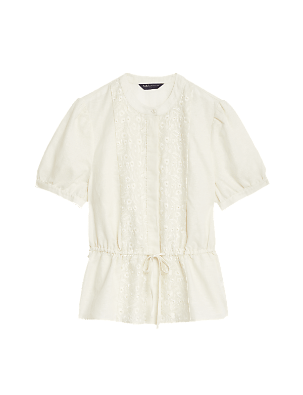 Linen Rich Embroidered High Neck Blouse