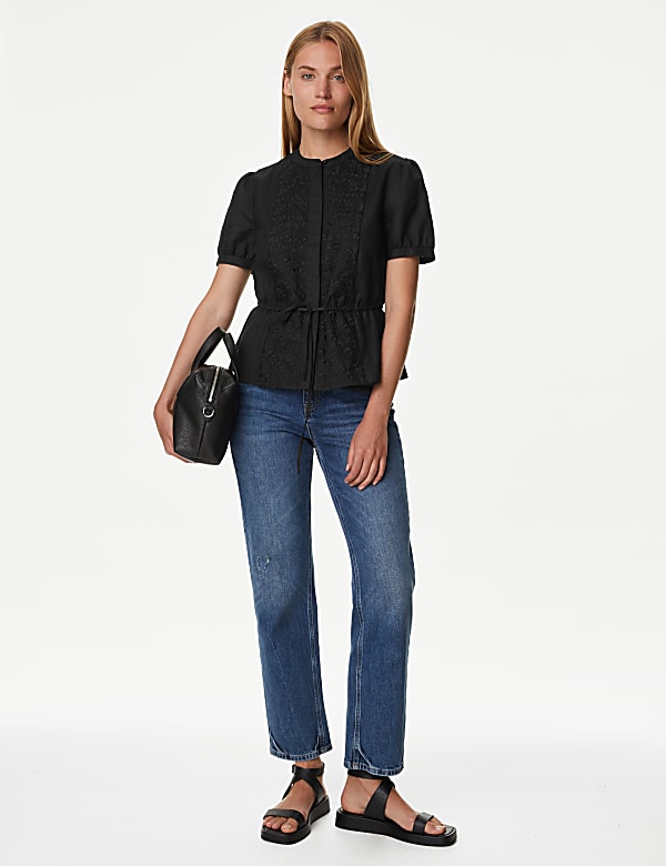 Linen Rich Embroidered High Neck Blouse