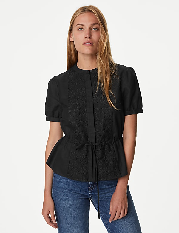 Linen Rich Embroidered High Neck Blouse