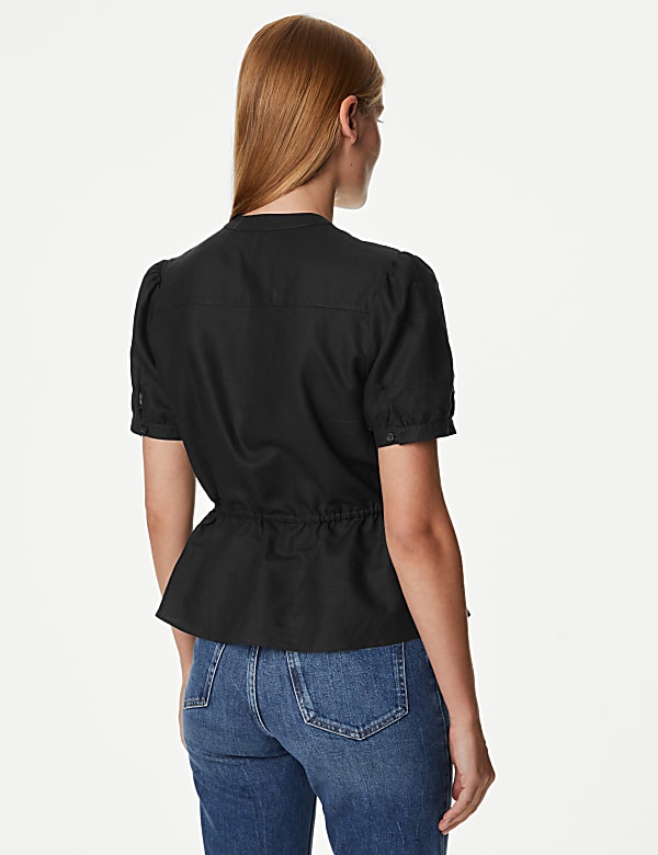 Linen Rich Embroidered High Neck Blouse