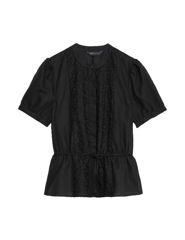 Linen Rich Embroidered High Neck Blouse