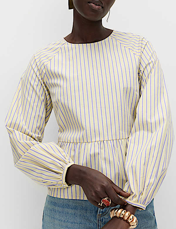 Pure Cotton Striped Round Neck Peplum Blouse Co Ord