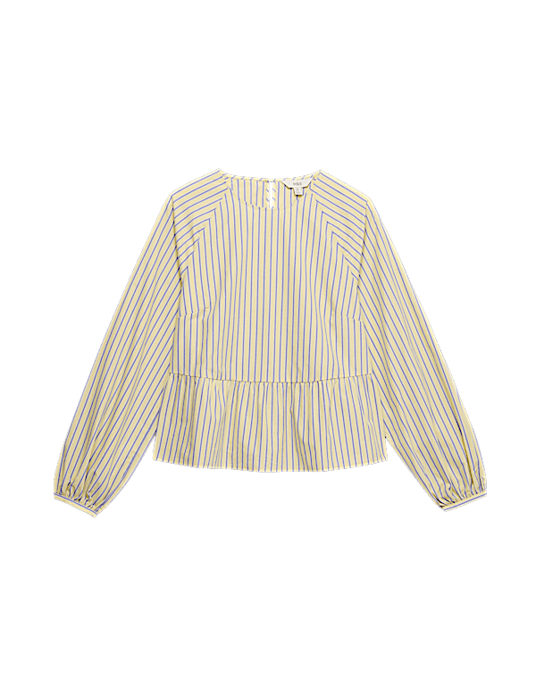 Pure Cotton Striped Round Neck Peplum Blouse Co Ord