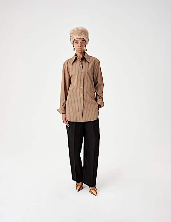 Pure Cotton Striped Padded Shoulder Longline Fitted Shirt - DE
