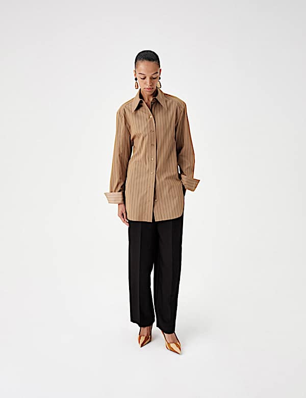 Pure Cotton Striped Padded Shoulder Longline Fitted Shirt - DE