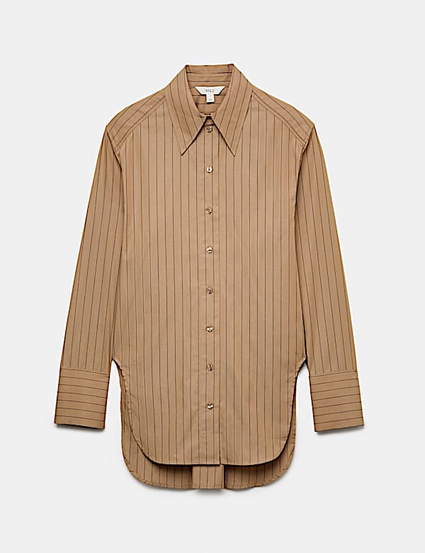 Pure Cotton Striped Padded Shoulder Longline Fitted Shirt - DE