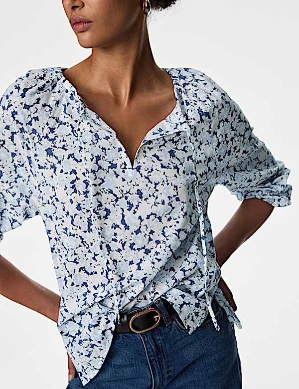Pure Cotton Printed Tie Neck Blouse