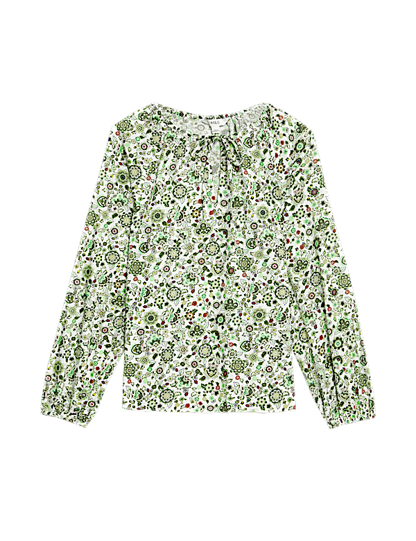 Pure Cotton Printed Tie Neck Blouse