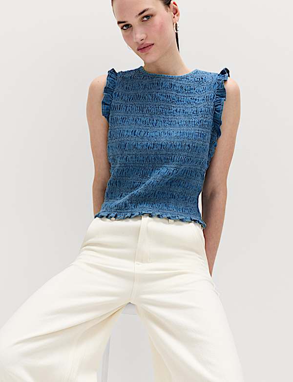Denim Shirred Tank Top