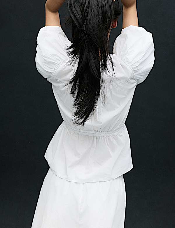Pure Cotton Puff Sleeve Drawstring Waisted Top