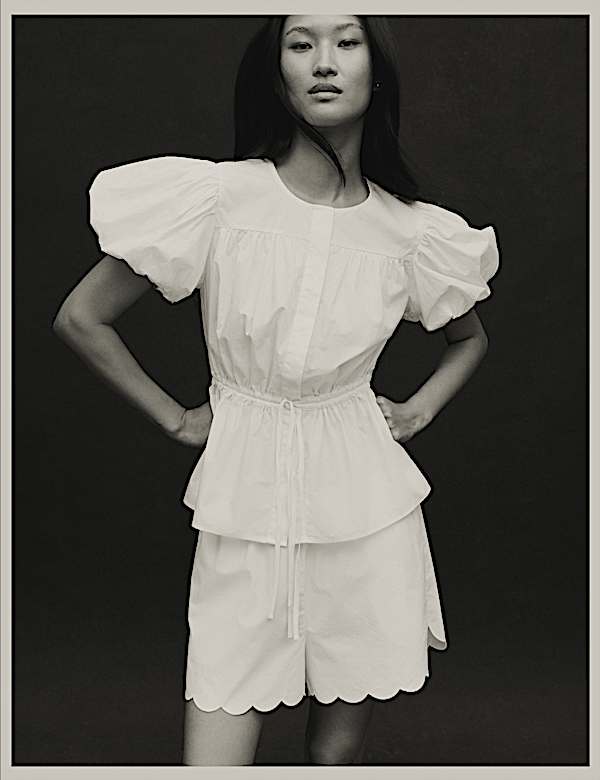 Pure Cotton Puff Sleeve Drawstring Waisted Top