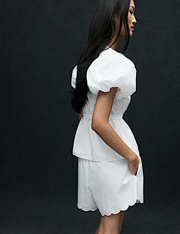 Pure Cotton Puff Sleeve Drawstring Waisted Top