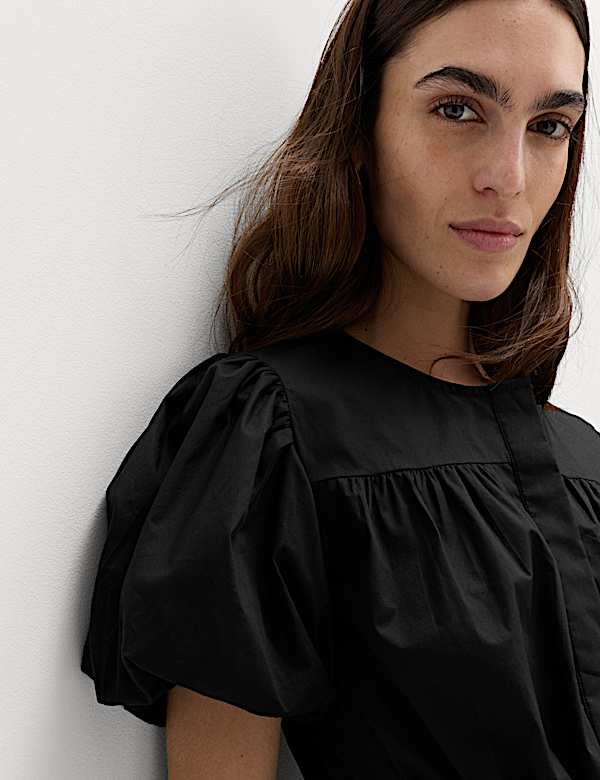 Pure Cotton Puff Sleeve Drawstring Waisted Top - MV