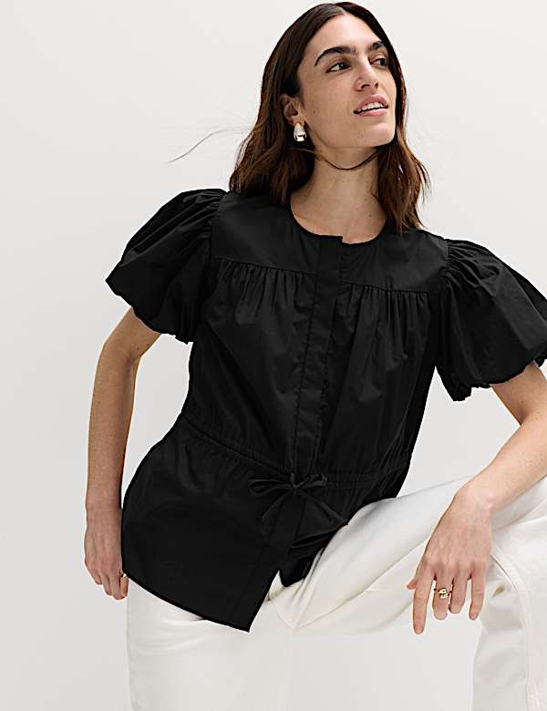Pure Cotton Puff Sleeve Drawstring Waisted Top - MV