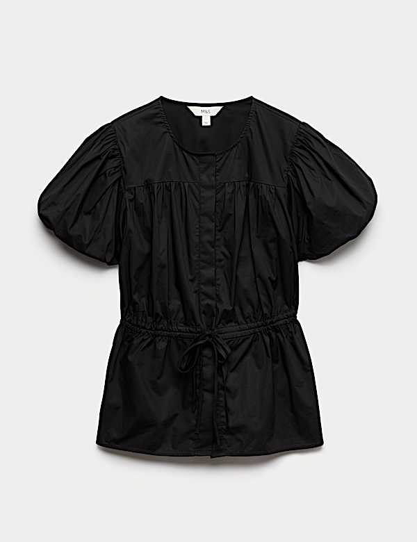 Pure Cotton Puff Sleeve Drawstring Waisted Top - MV