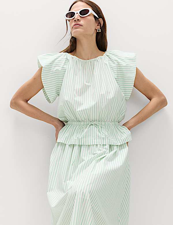 Pure Cotton Striped Puff Sleeve Drawstring Top