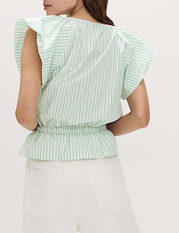 Pure Cotton Striped Puff Sleeve Drawstring Top - MV
