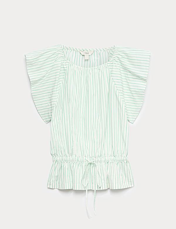 Pure Cotton Striped Puff Sleeve Drawstring Top - MV