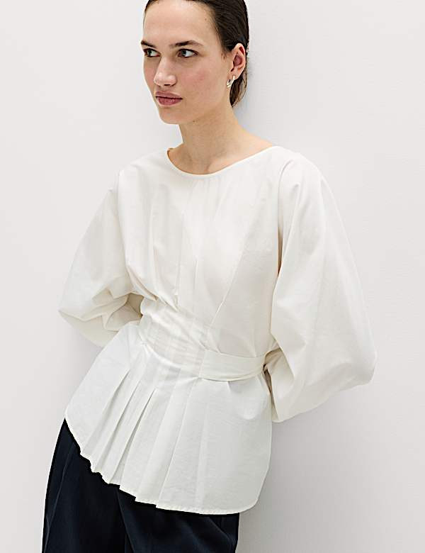 Pure Cotton Pleat Tie Detail Blouse - BE