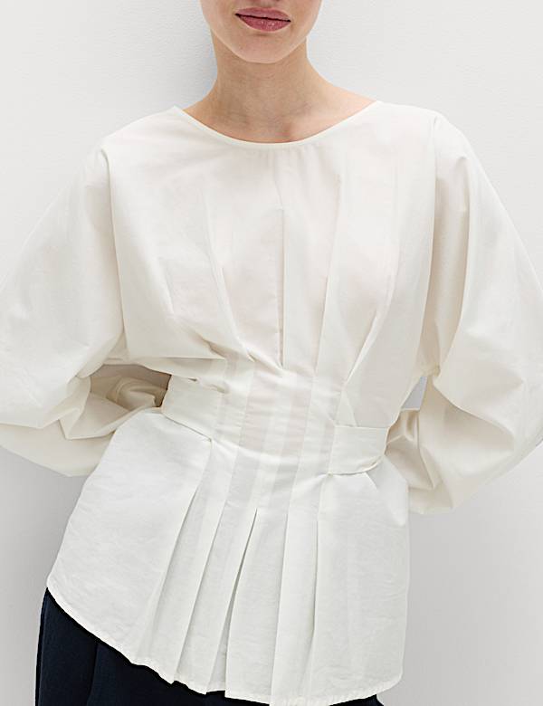 Pure Cotton Pleat Tie Detail Blouse - BE