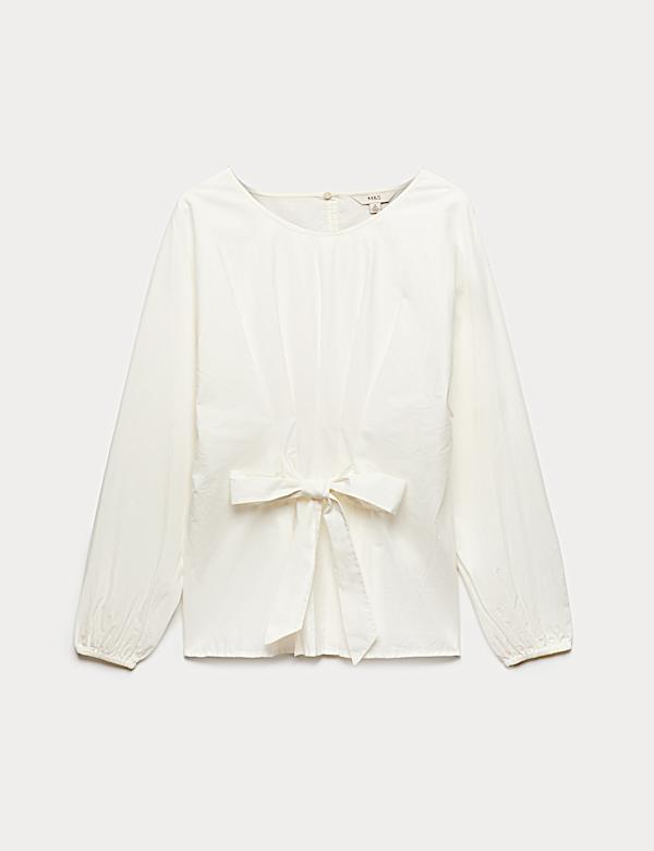 Pure Cotton Pleat Tie Detail Blouse - BE