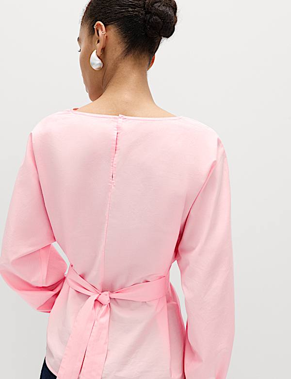 Pure Cotton Pleat Tie Detail Blouse