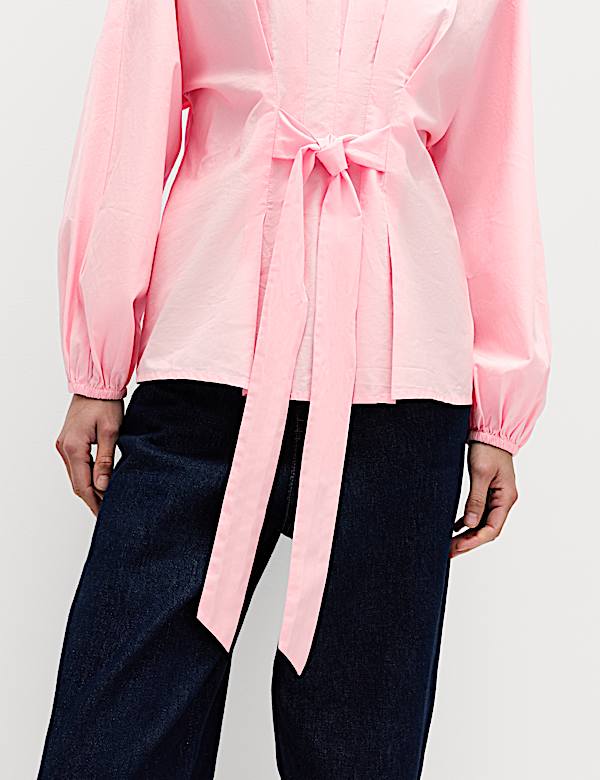 Pure Cotton Pleat Tie Detail Blouse