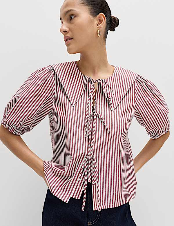 Pure Cotton Striped Oversized Collar Tie Detail Shirt