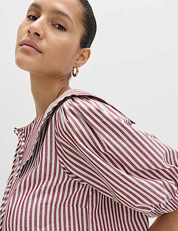 חולצת אוברסייז מכותנה טהורה עם פסים, צווארון ועיטור קשירה - IL