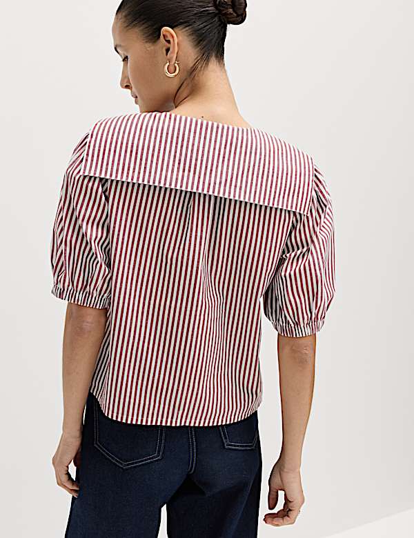 חולצת אוברסייז מכותנה טהורה עם פסים, צווארון ועיטור קשירה - IL