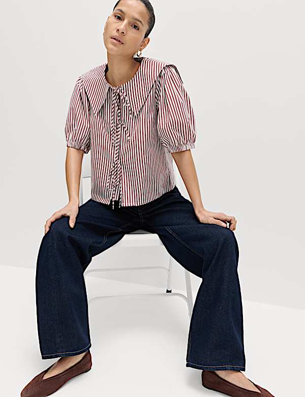 חולצת אוברסייז מכותנה טהורה עם פסים, צווארון ועיטור קשירה - IL