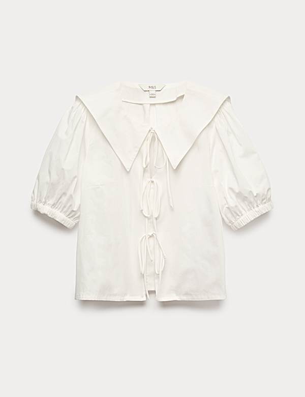 Extragro&szlig;es Hemd aus reiner Baumwolle mit Kragen, Schleifendetail und Streifenmuster - AT