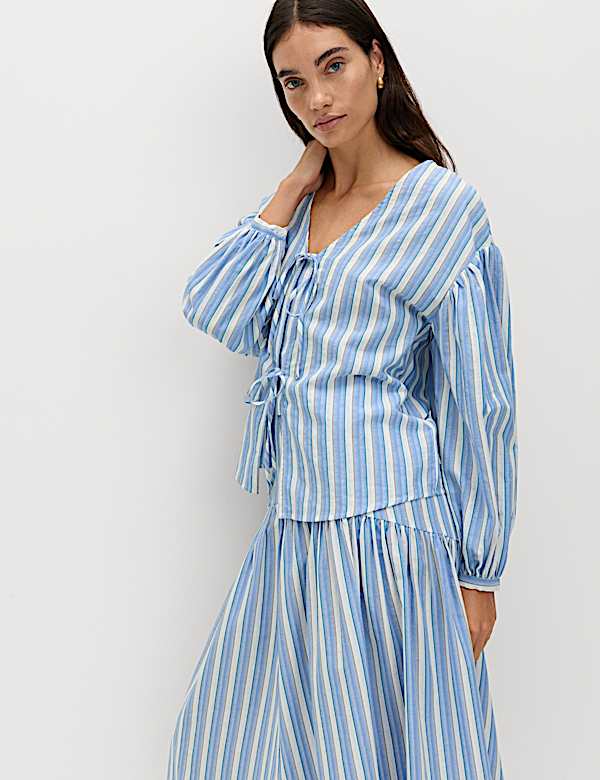 Pure Cotton Striped Tie Front Blouse - US