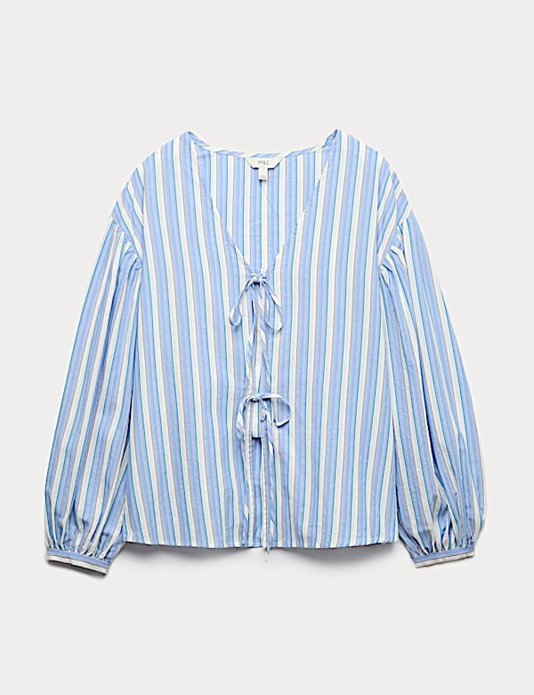 Pure Cotton Striped Tie Front Blouse - US