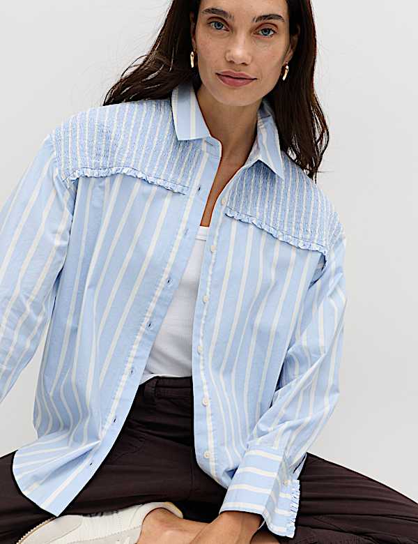 Pure Cotton Shirred Striped Shirt