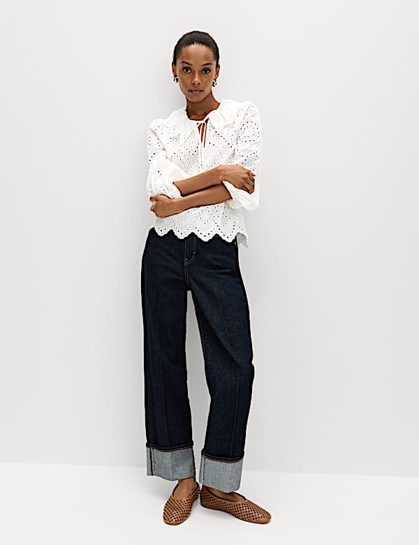 Pure Cotton Broderie Tie Front Blouse - DK